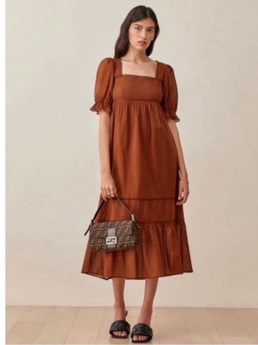 Reformation Bekkah Crocheted Lace Trim Dress in Cinnamon/Rust Organic Cotton M
